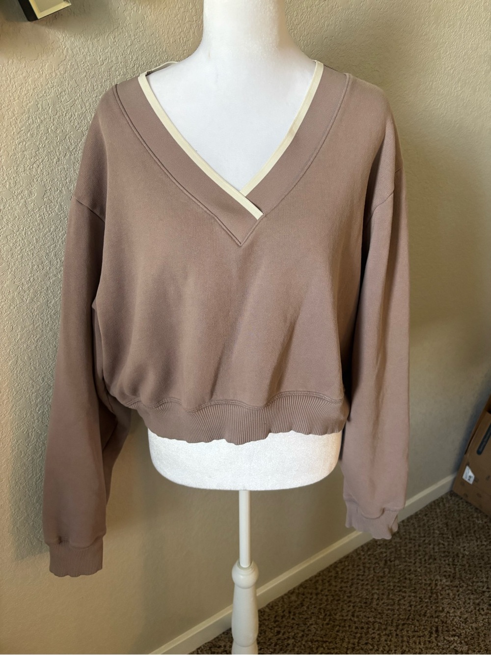 PINK Victoria's Secret Mauve V-Neck Sweatshirt with Cream Trim